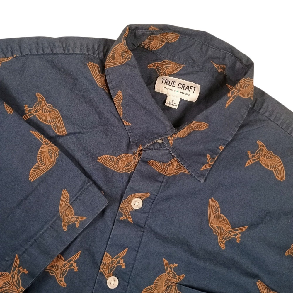 Men's True Craft Blue Bird‎ Eagle Print Casual Button Down Shirt Size Small